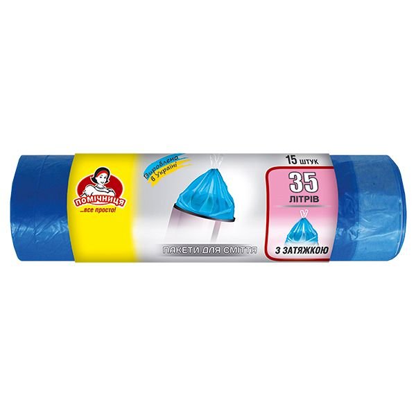 Пакети для сміття з затяжками ТМ "Помічниця"   35л 15шт, LDPE,  50см х 56см, сині
