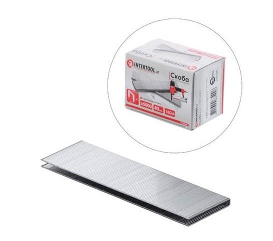 Скоба для степлера РТ-1612 40мм (18GA) 5,7(5,8)x1,25x1,0мм  5000од/упак. INTERTOOL PT-8340