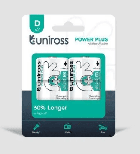 Батарейка Uniross лужна Power Plus Alkaline LR20 1.5V блістер 2 шт в упаковці