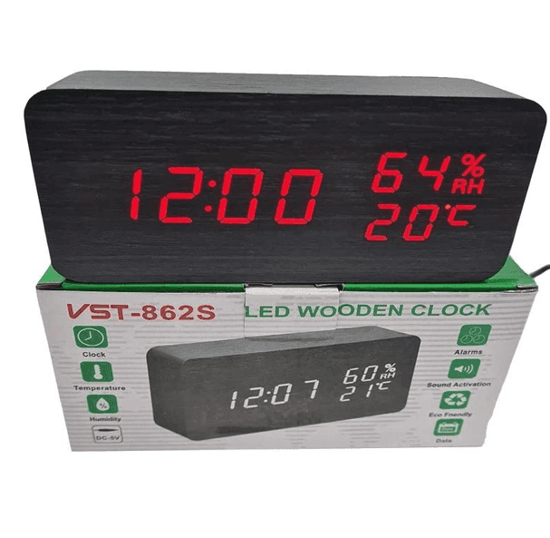 Годинник електр. 862S-1, червоний дисп., (дерево), тепм., USB/220V/4xAAA, 150х70х45см, настільні