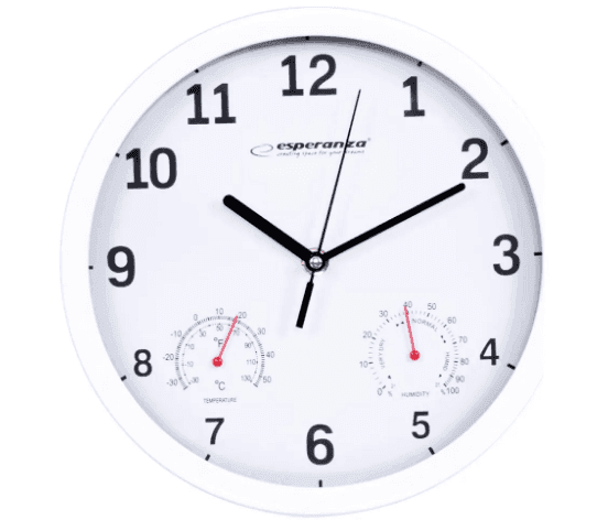 Годинник настінний Esperanza Lyon, темп(-30С/+50С)вологість,коло,25*3,6см, білий обід, чорний циферблат,  тихий хід, EHC016К