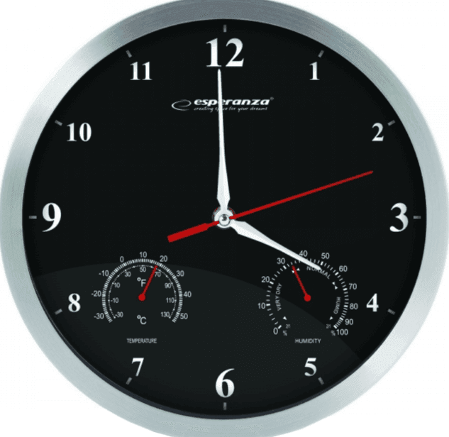 Годинник настінний Esperanza Washington, коло, 30*3,4см,темп(-30C/+50C), вологість тама та стрілки алюміній, тихий хід, білі