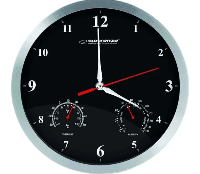 Годинник настінний Esperanza Washington, коло, 30*3,4см,темп(-30C/+50C), вологість тама та стрілки алюміній, тихий хід, чорніEHC008K