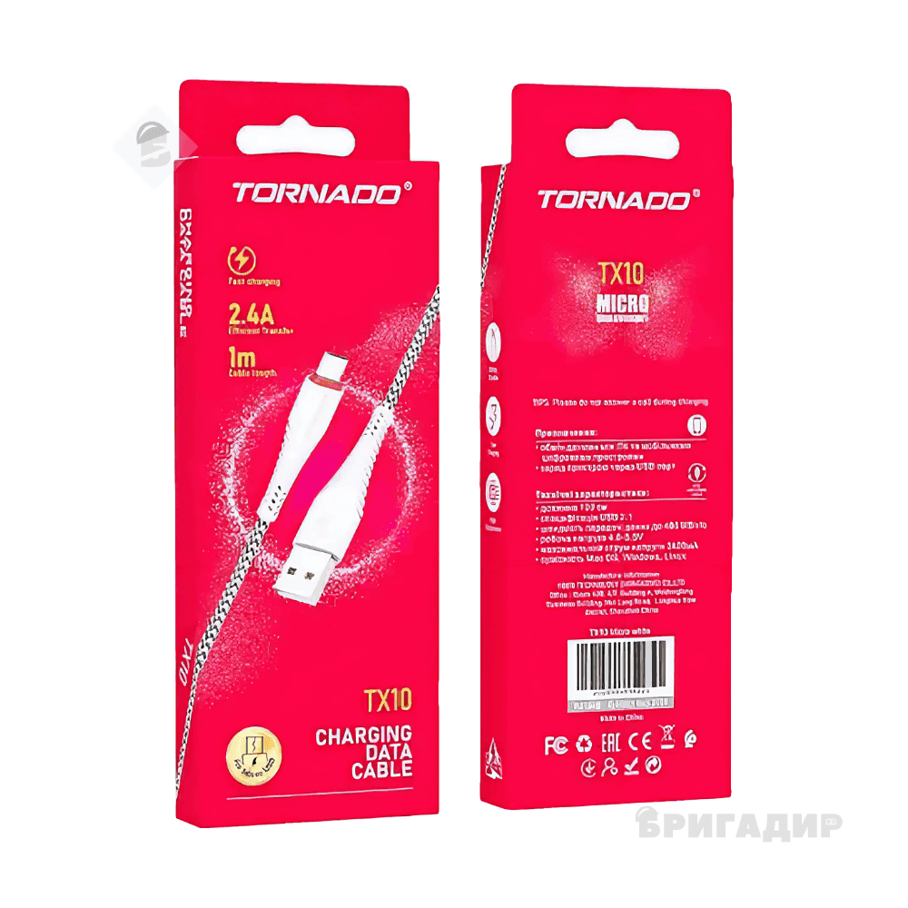 Кабель USB-microUSB TORNADO TX10, білий,тканина