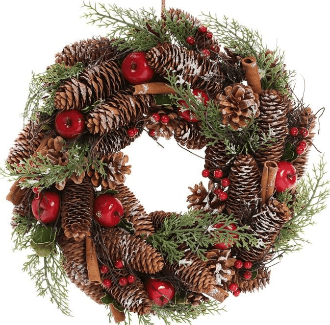 Вінок новорічний з шишками коричнево - червоний